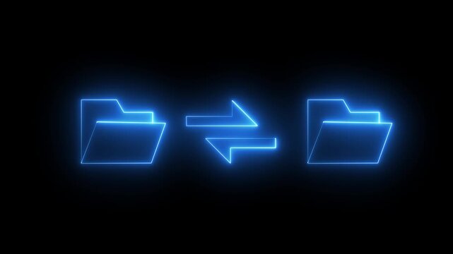 Folder neon Line icon animation showing bidirectional file synchronization between two folders. Perfect for data exchange themes 4k animation