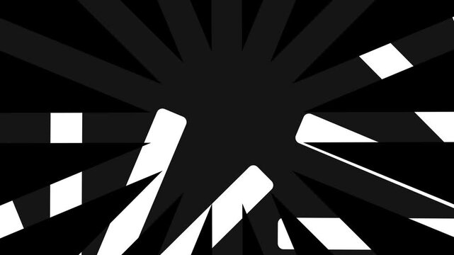 A bold black and white radial burst explosion pattern with sharp angular white shards radiating outward creating a dramatic striking visual impact