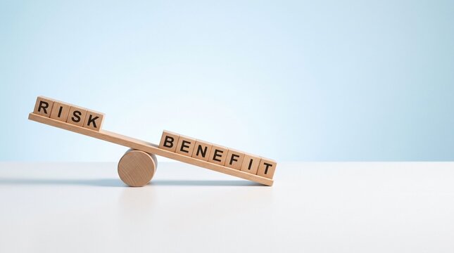 Risk and Benefit Balance Concept with Benefit Outweighing Risk on a Wooden Seesaw over Light Background