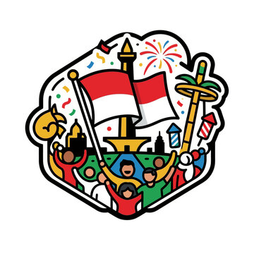indonesia independence day national celebration with indonesian flag monas cheering people fireworks and traditional games.