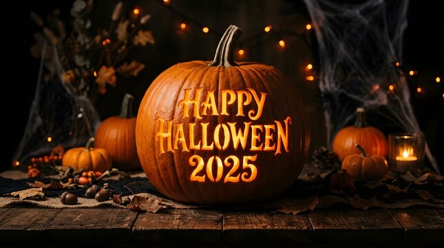 Carved halloween pumpkin with happy halloween 2025 text