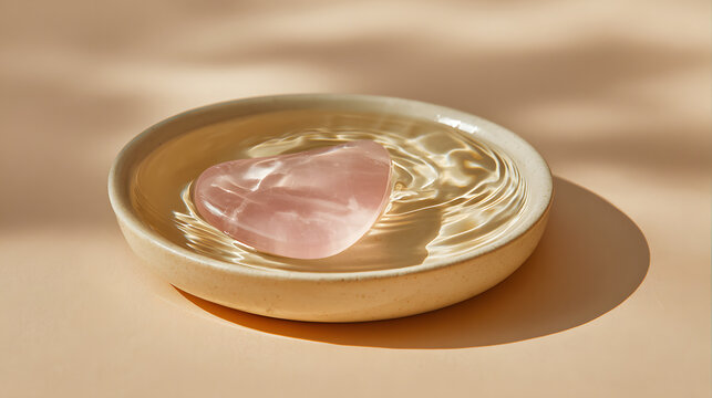 Close Up of Single Pink Rose Quartz Gua Sha Tool in Water Bowl with Light Ripples and Copy Space