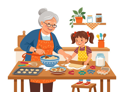 Grandmother Teaching Granddaughter Baking Cookies Together.