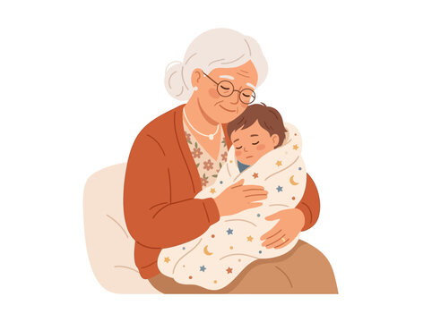 Elderly Man Holding Sleeping Baby Gently.