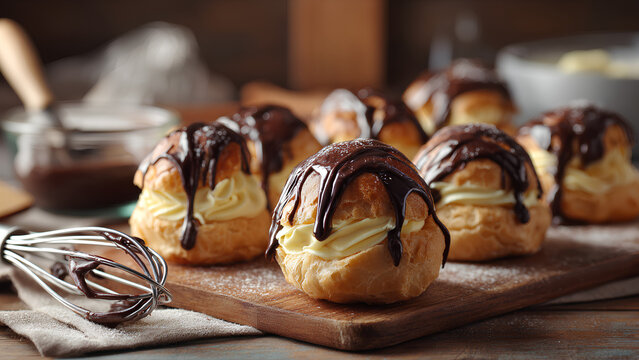 Ultra-realistic photo of cream puffs filled with custard cream and topped with rich chocolate drizzle, placed on a rustic wooden kitchen counter with common baking utensils (whisk, bowl, knife) in th