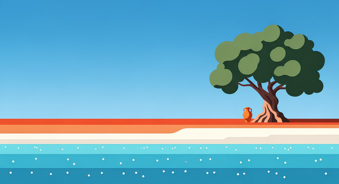 Minimalist Mediterranean Landscape Illustration with Olive Tree and Amphora