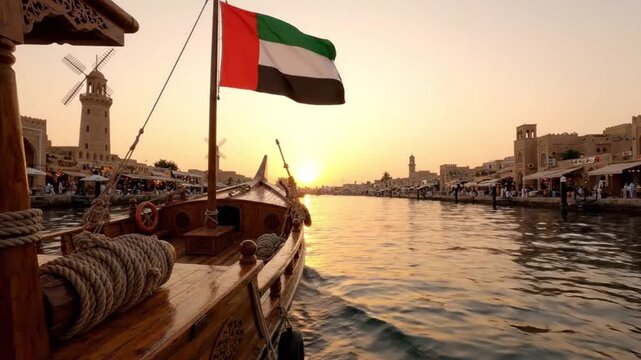 Traditional Wooden Dhow Boat Sailing on Canal with Waving UAE Flag at Sunset UAE Flag Day Concept