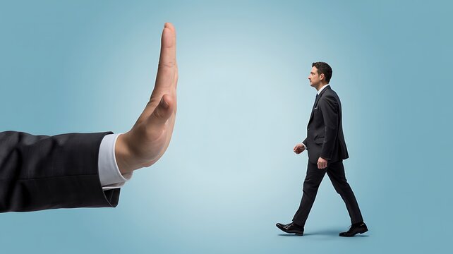 Business rejection concept with stop hand gesture preventing employee access and corporate restriction decision
