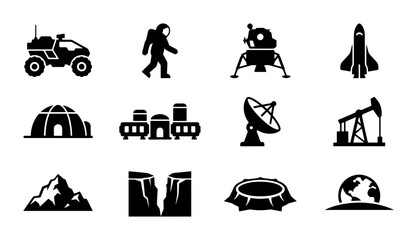 Space Exploration Icons Set, Astronaut, Rocket, Lunar Lander, Rover, Satellite Dish, Oil Pump, Mountains, Canyon, Dome, Earth Globe, Vector Graphics Collection © Afrin