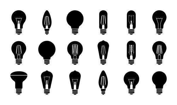 Vintage Edison Light Bulb Icons, Retro Filament Lamp Set, Industrial Idea Symbol Collection, Black Silhouette Vector Graphics