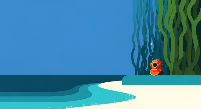 Minimalist Underwater Landscape with Giant Kelp and Diving Helmet