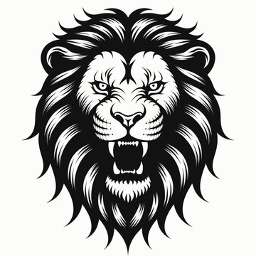 Roaring lion head vector illustration, fierce black and white lion mascot logo, aggressive wild animal face with mane for sports team branding