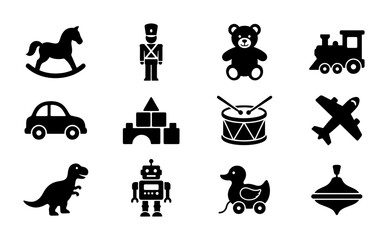 Fototapeta premium Vector Toy Icons Set: Classic Playthings Collection, Children's Entertainment Graphics, Retro Childhood Play Objects, Simple Black Silhouette Graphics