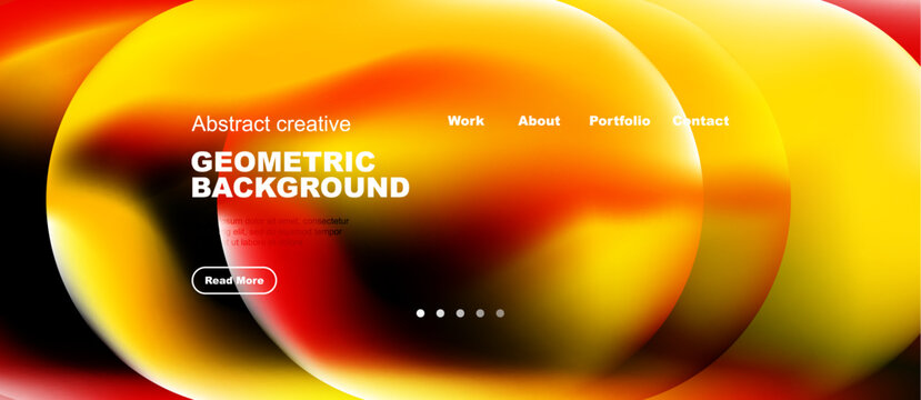 Abstract fluid shapes, warm colors dominate design. Text elements present work, about, portfolio, contact options. Button invites further exploration.