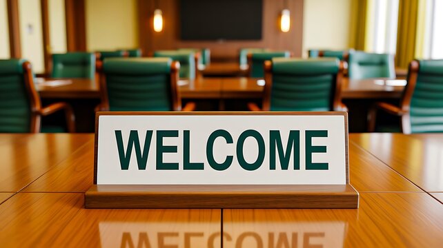 Welcome sign displayed on conference table in modern corporate meeting room