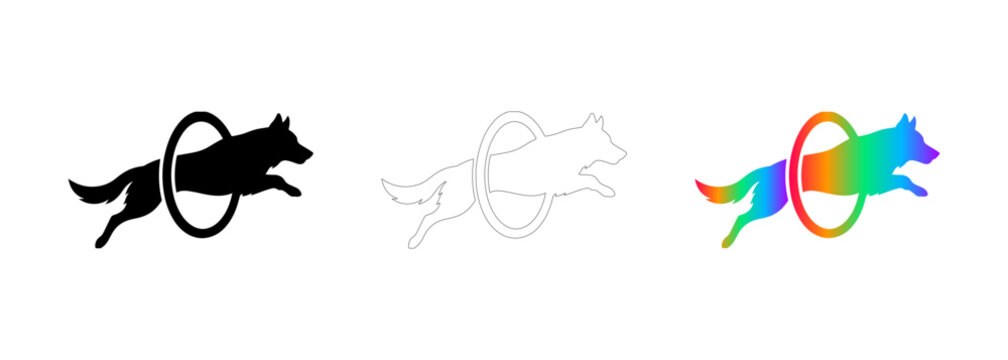 Dog jumping through hoop icon set silhouette line art colorful vector illustration