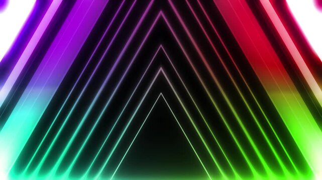 Glowing rainbow laser chevrons create a futuristic neon geometric light pattern.