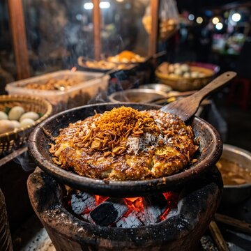 Traditional Indonesian Kerak Telor cooked over hot charcoal stove, popular street food dish