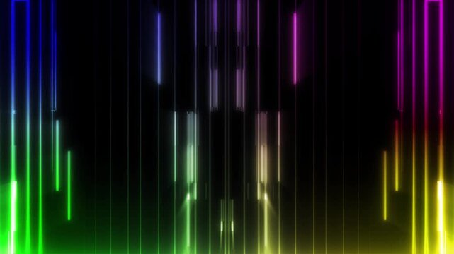 Futuristic rainbow neon octagon tunnel with glowing laser lines and cyber lighting.