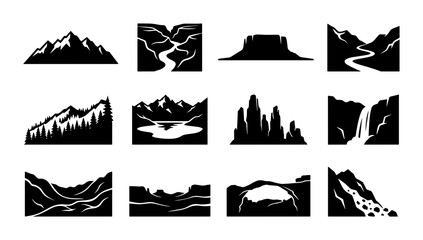 Fototapeta premium Diverse Landscape Silhouettes Vector Pack: Mountain Ranges, Rivers, Canyons, Waterfalls, Arches, and Forests for Nature Graphics and Outdoor Design