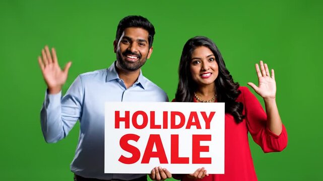 Indian couple holding holiday sale sign on green background