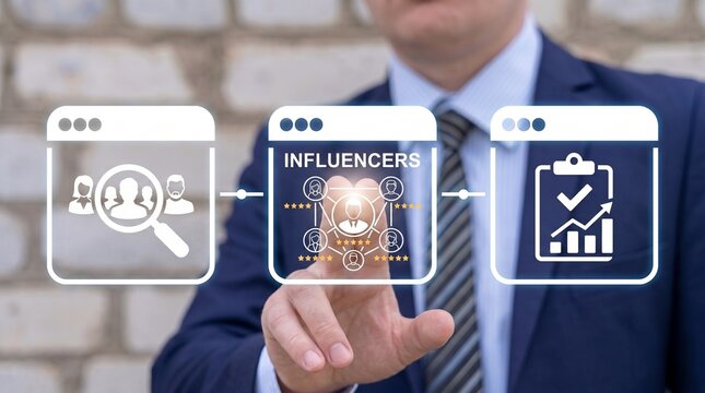 A businessman in a suit pointing to a digital interface displaying a workflow for influencer marketing, including audience research, influencer identification, and performance analysis metrics.