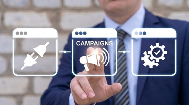 A business professional interacts with a digital dashboard showing a workflow process with icons for connection, campaign marketing with a megaphone, and automated gears with a checkmark