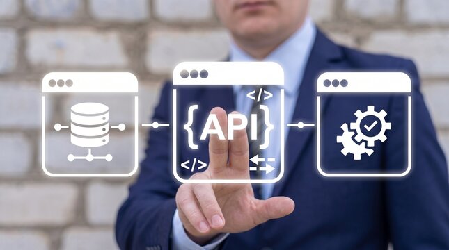 A business professional in a suit interacting with a digital interface showing a database, API connection, and automated system process as a flow of information in software development.
