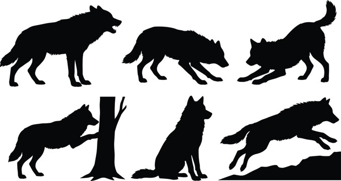 Collection of wild wolf silhouettes showing various poses including standing, jumping, playing, and sitting