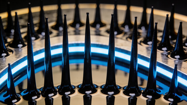 Macro of black ferrofluid forming sharp spikes over a magnet, magnetism physics abstract