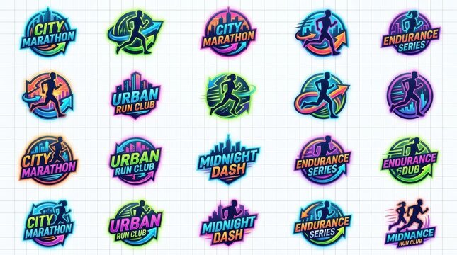 Colorful collection of marathon and urban run club badges.