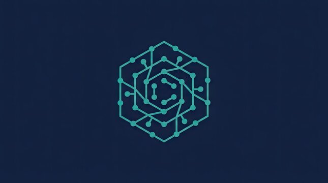 Cyan hexagonal circuit board network icon on dark background.