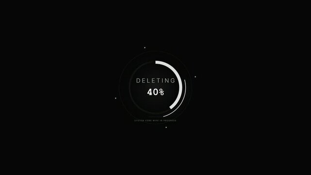 Digital data deletion progress circle animation on black background showing system cleanup and file removal process