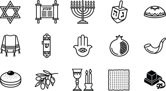 Set of black and white outline vector icons representing traditional Jewish culture and religious symbols