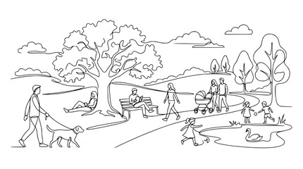 Fototapeta premium Continuous line drawing of people enjoying outdoor activities in a public park landscape