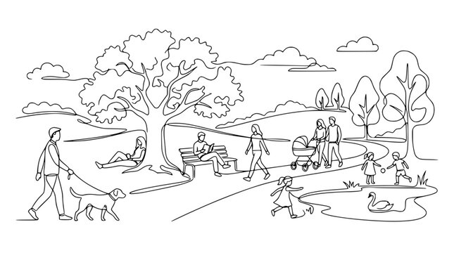 Continuous line drawing of people enjoying outdoor activities in a public park landscape