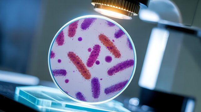 Microscope magnifying harmful bacteria cells for medical laboratory research