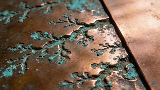 Macro texture of oxidized copper with turquoise verdigris patina, weathered metal background