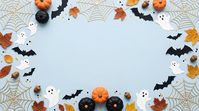 Halloween background with pumpkins, ghosts, bats, and spider webs