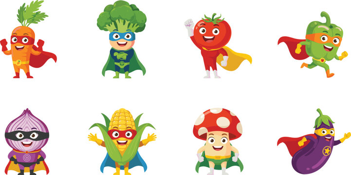 Cute superhero vegetable characters vector icon set with carrot broccoli tomato pepper onion corn mushroom and eggplant in capes for kids nutrition designs