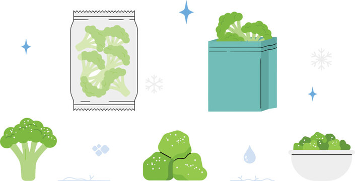 Frozen broccoli vegetable vector icon set with packaging bags florets chopped pieces bowl and frost symbols for grocery store and food storage designs