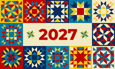 Obraz premium Geometric Quilt Pattern with 2027 Typography, A vibrant quilt style composition, geometric square stars with bold typography 2027, traditional patchwork motifs with modern graphic elements