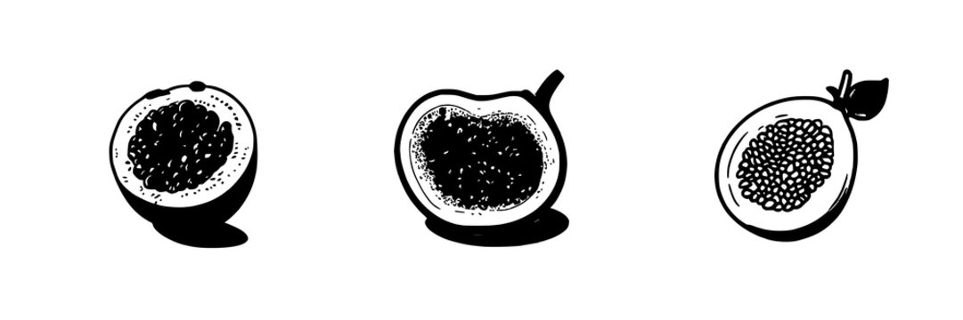Passion fruit half set with pulp and seed detail, minimalist food art featuring seeds, tropical fruit, and white background with vector illustration