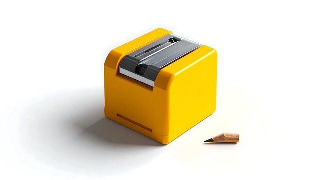 Yellow electric pencil sharpener with shavings on white background.