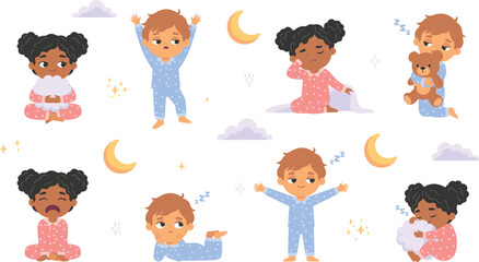 Cute children in pajamas bedtime routine vector set with tired boys and girls sleeping yawning stretching hugging teddy bear and pillows for parenting designs