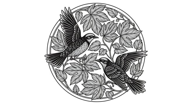 Vintage black and white illustration of birds in a foliage circle with wildlife