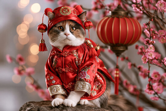 Cute calico cat in festive qipao with red paper lantern against the background of plum blossoms. Chinese New Year and Spring Festival celebration concept. Funny animal for poster, card