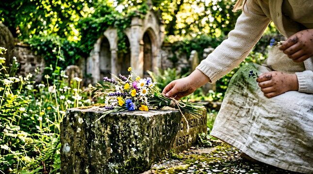 Person placing wildflowers on ancient stone grave in overgrown cemetery garden, symbolizing remembrance and loss