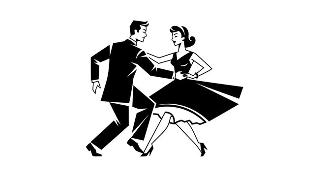 Retro couple dancing tango in formal attire black and white silhouette.