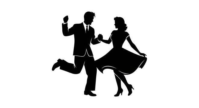 Joyful couple dancing rock and roll in formal wear black and white silhouette.
